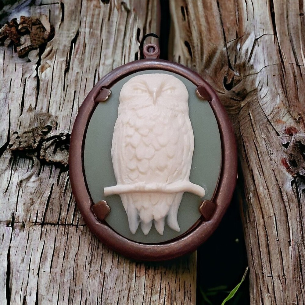 Vintage Owl Cameo Pendant Gold Tone Green Cream Plastic Cameo 2 35$